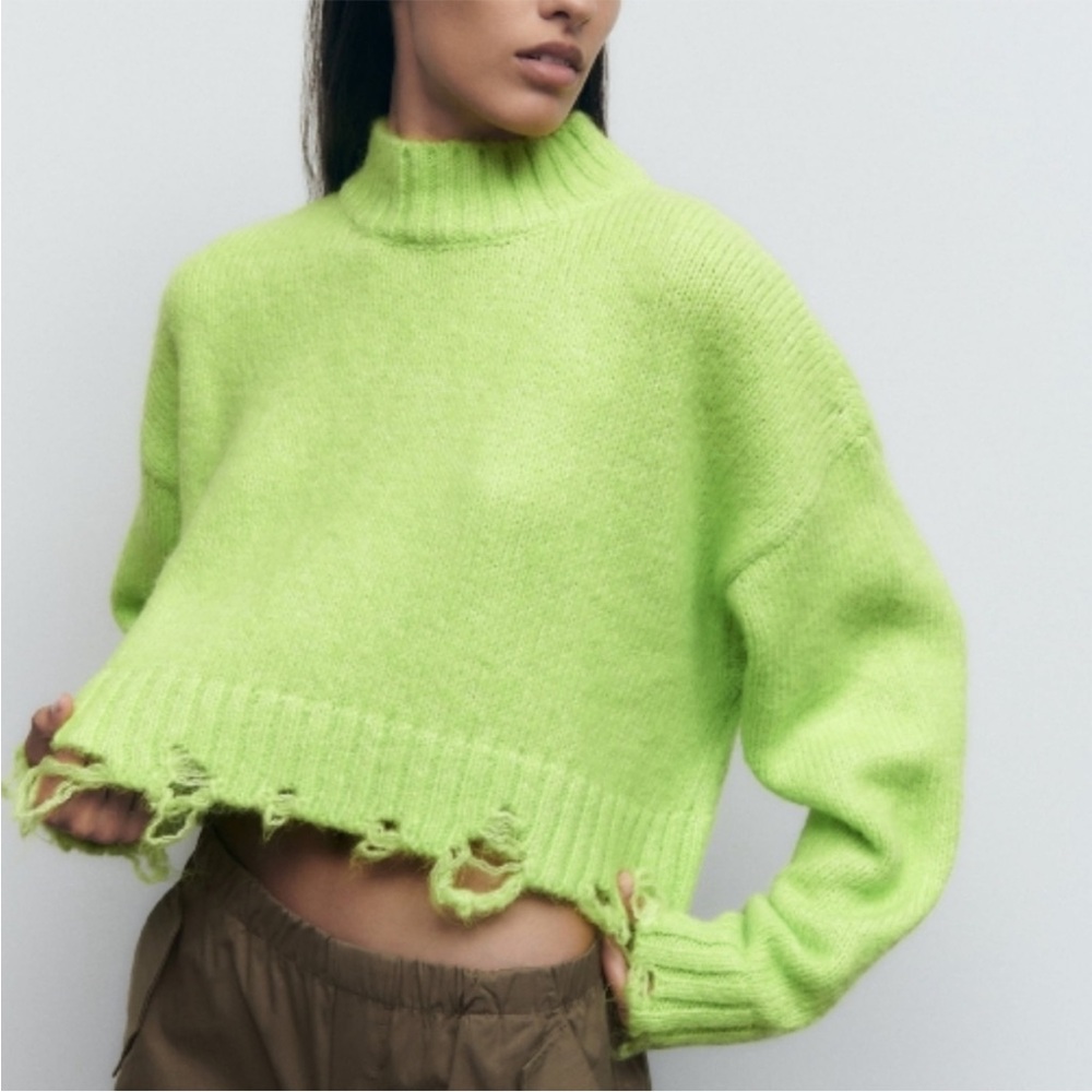 ZARA Neon Green Knit Cropped Sweater Jumper, Size Small Excellent Conditionn